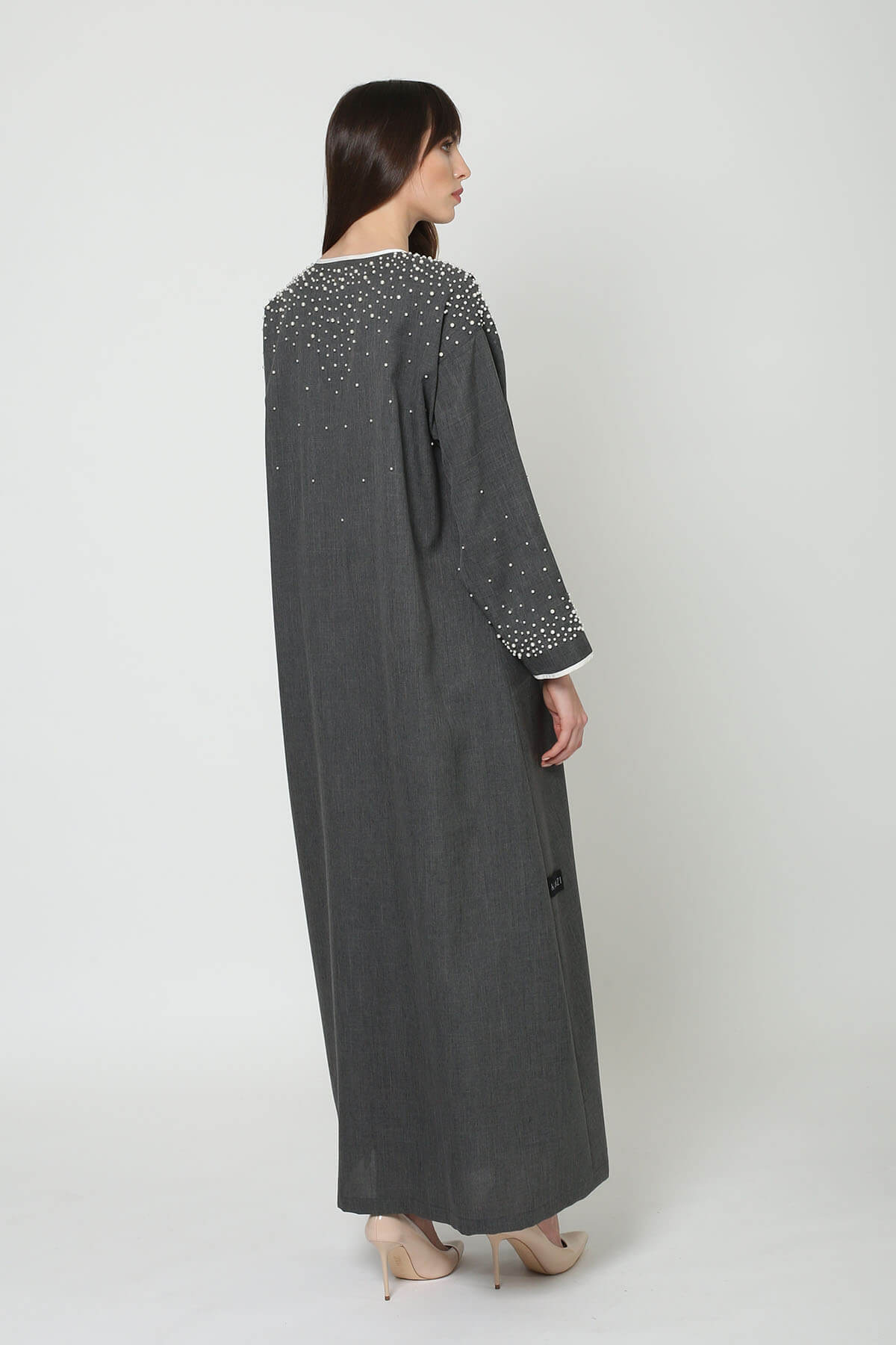Pearl Embroidered Grey Linen Abaya