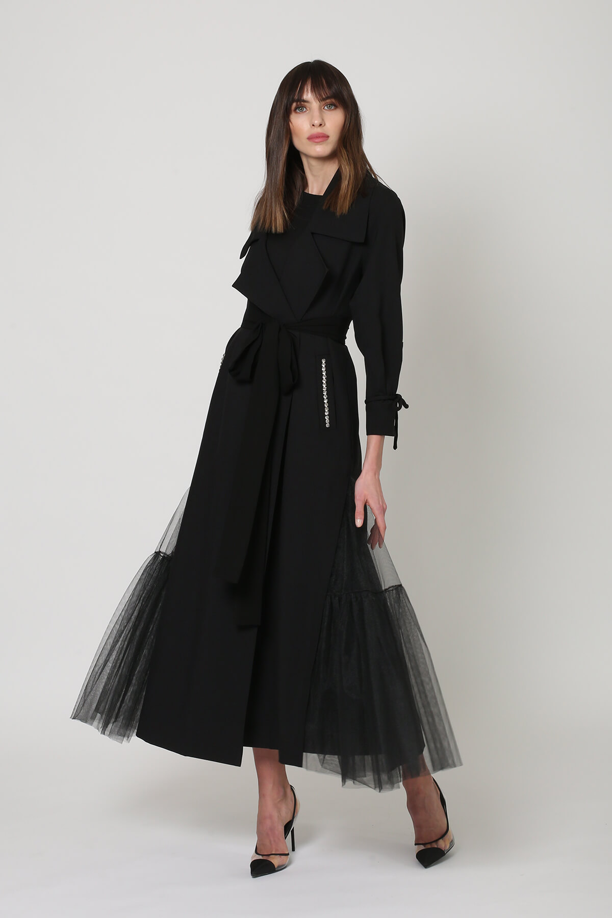 Tulle And Crepe Coat Abaya