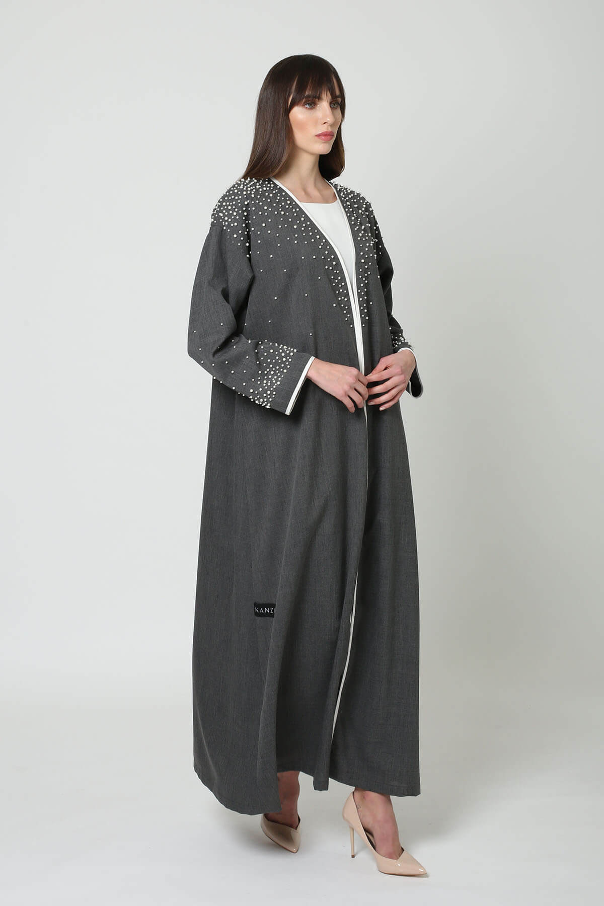 Pearl Embroidered Grey Linen Abaya