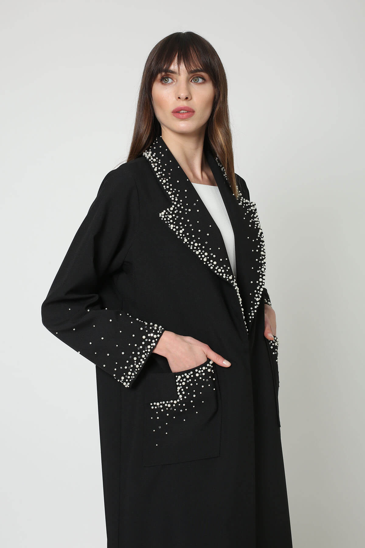Pearl Embellished Crepe Abaya