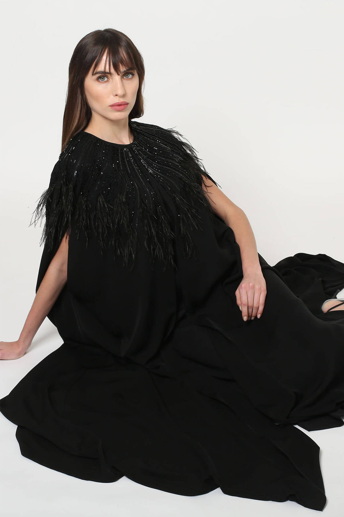 Bead and Feather Embellished Cape Abaya