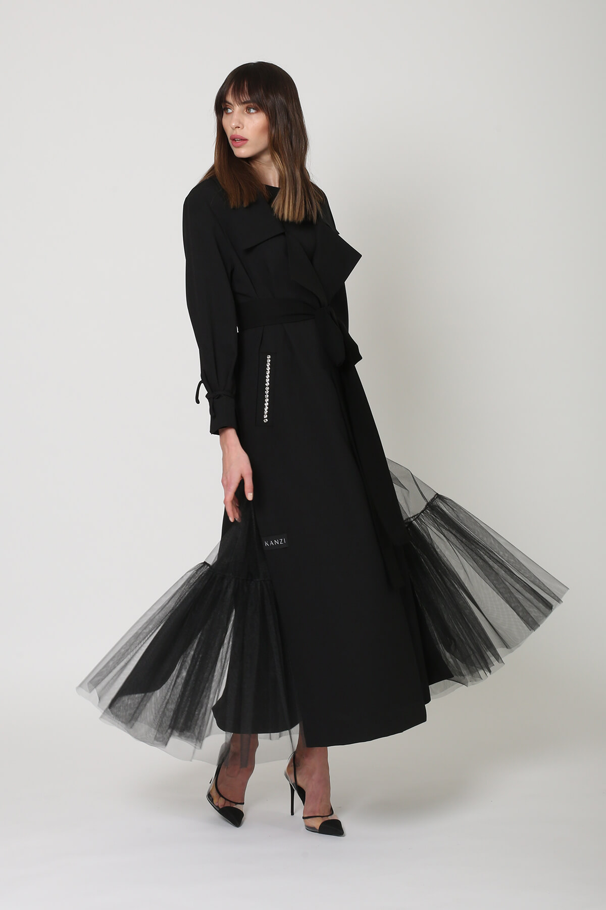 Tulle And Crepe Coat Abaya
