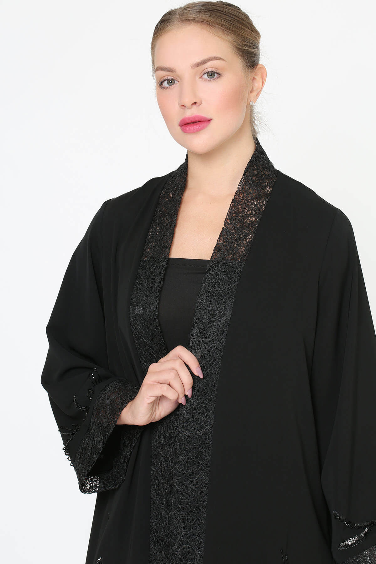 Embroidered Crepe And Lace Abaya