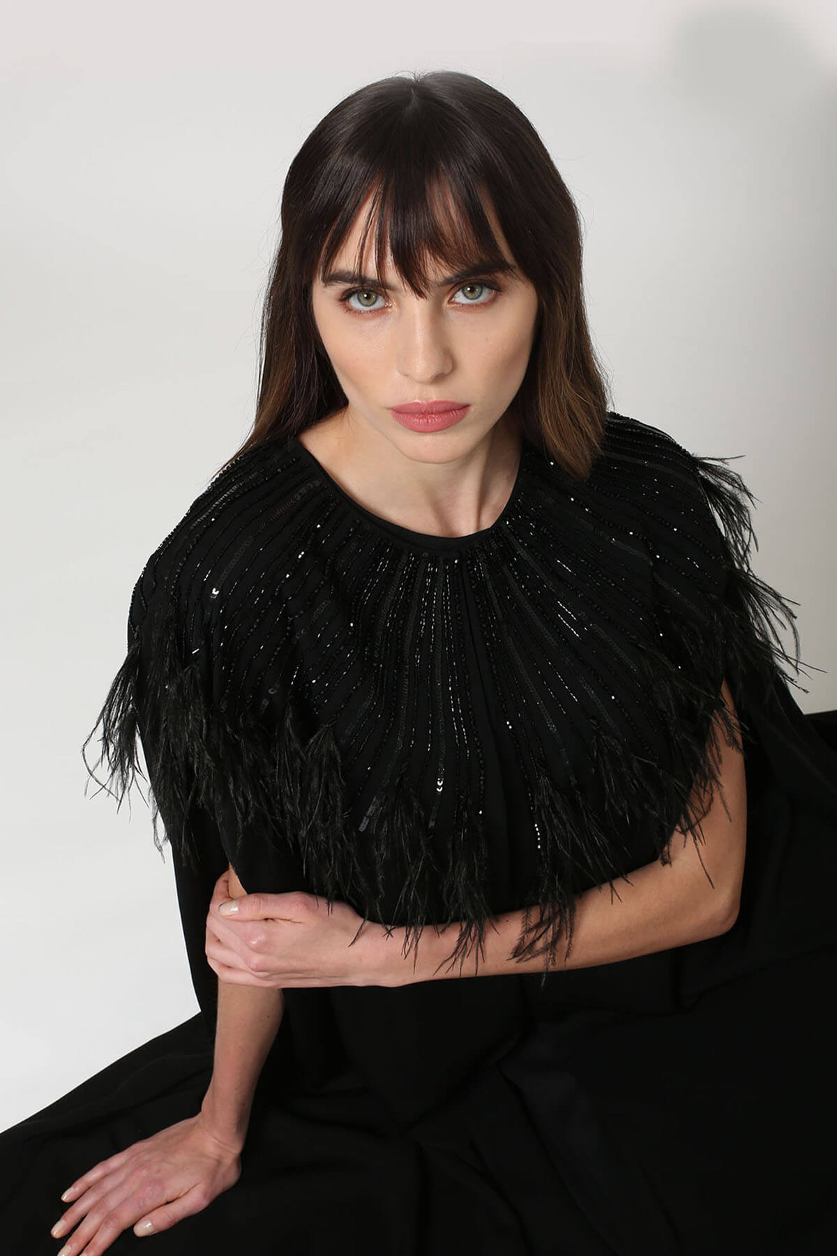 Bead and Feather Embellished Cape Abaya
