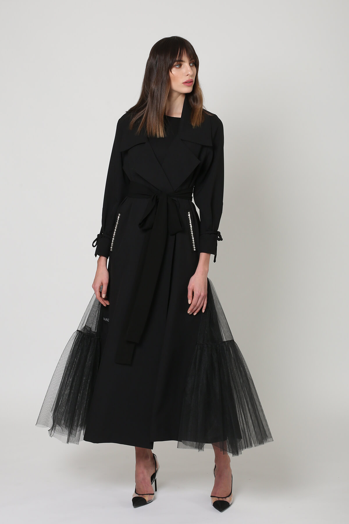 Tulle And Crepe Coat Abaya