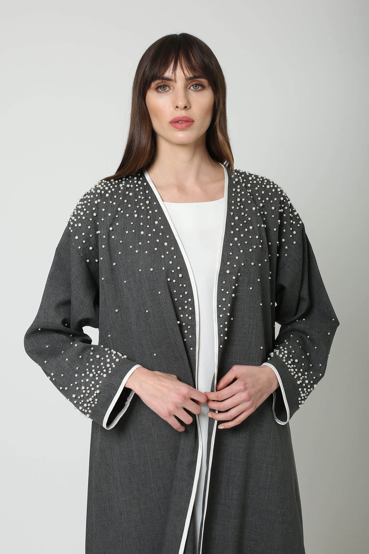Pearl Embroidered Grey Linen Abaya