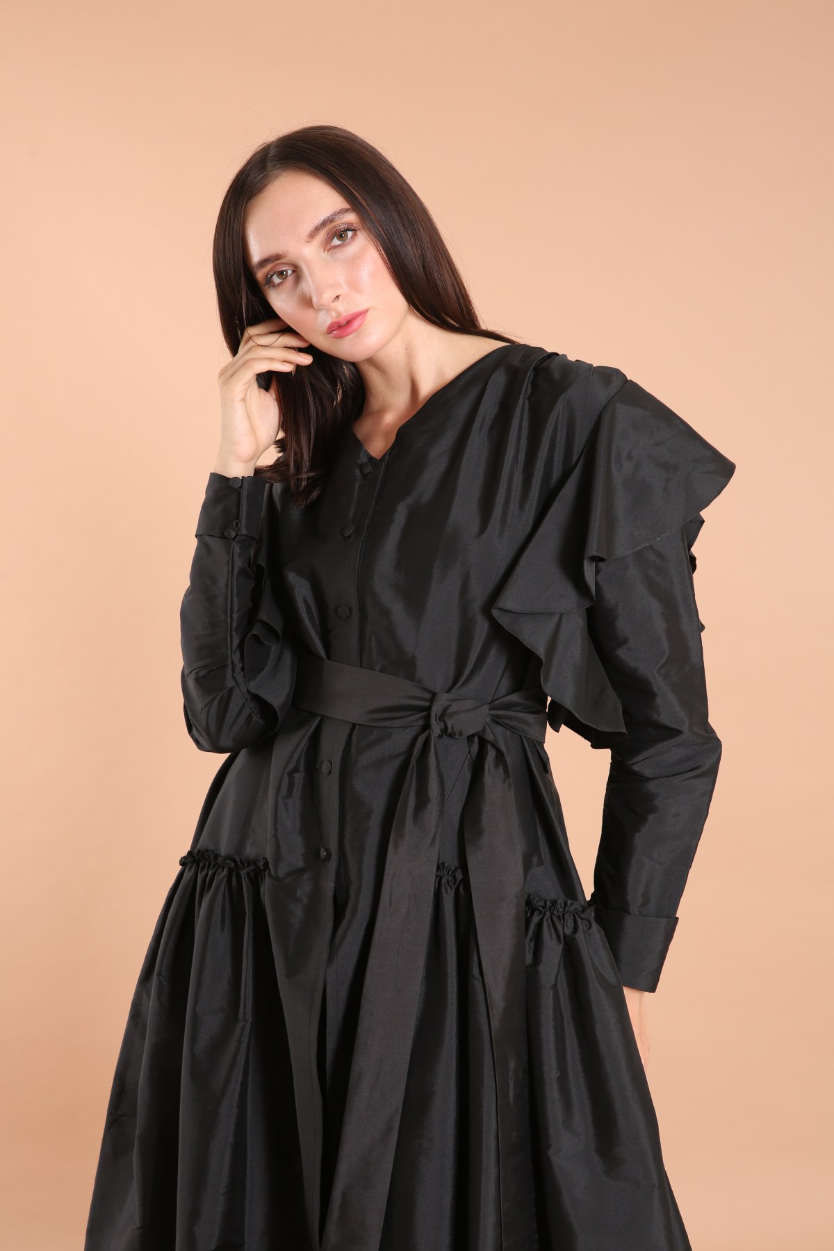 Ruffled and Shirred Taffeta Abaya