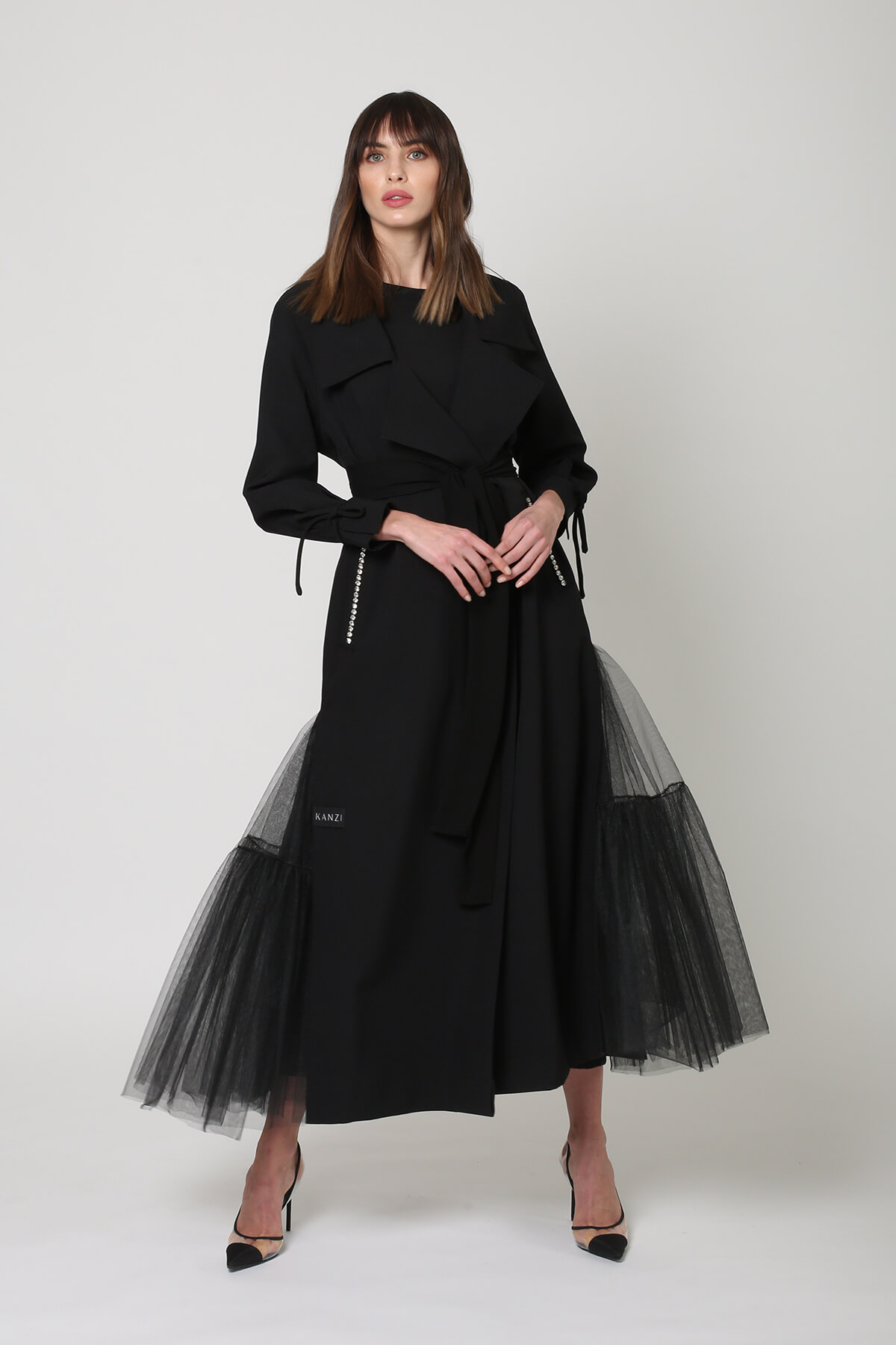Tulle And Crepe Coat Abaya