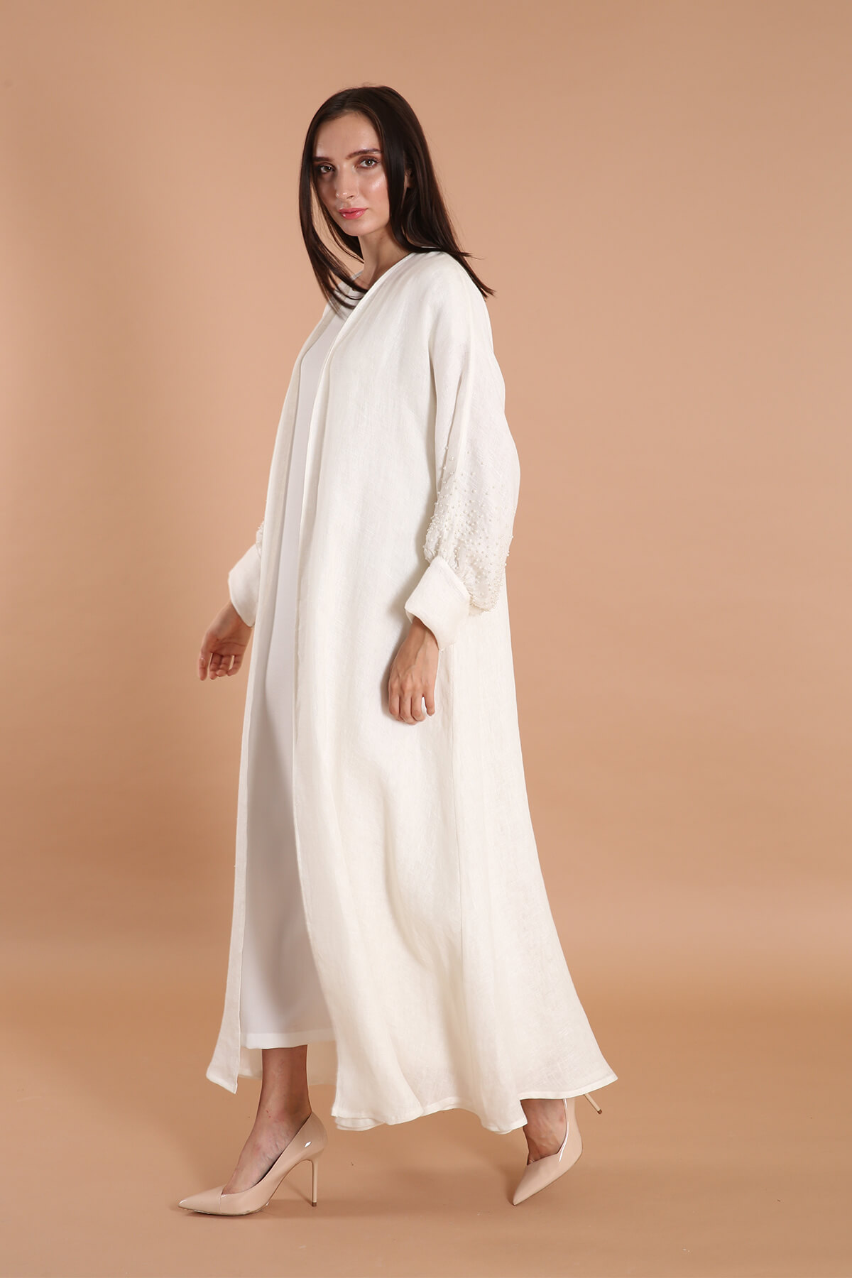 Pearls Embellished Double Linen Abaya