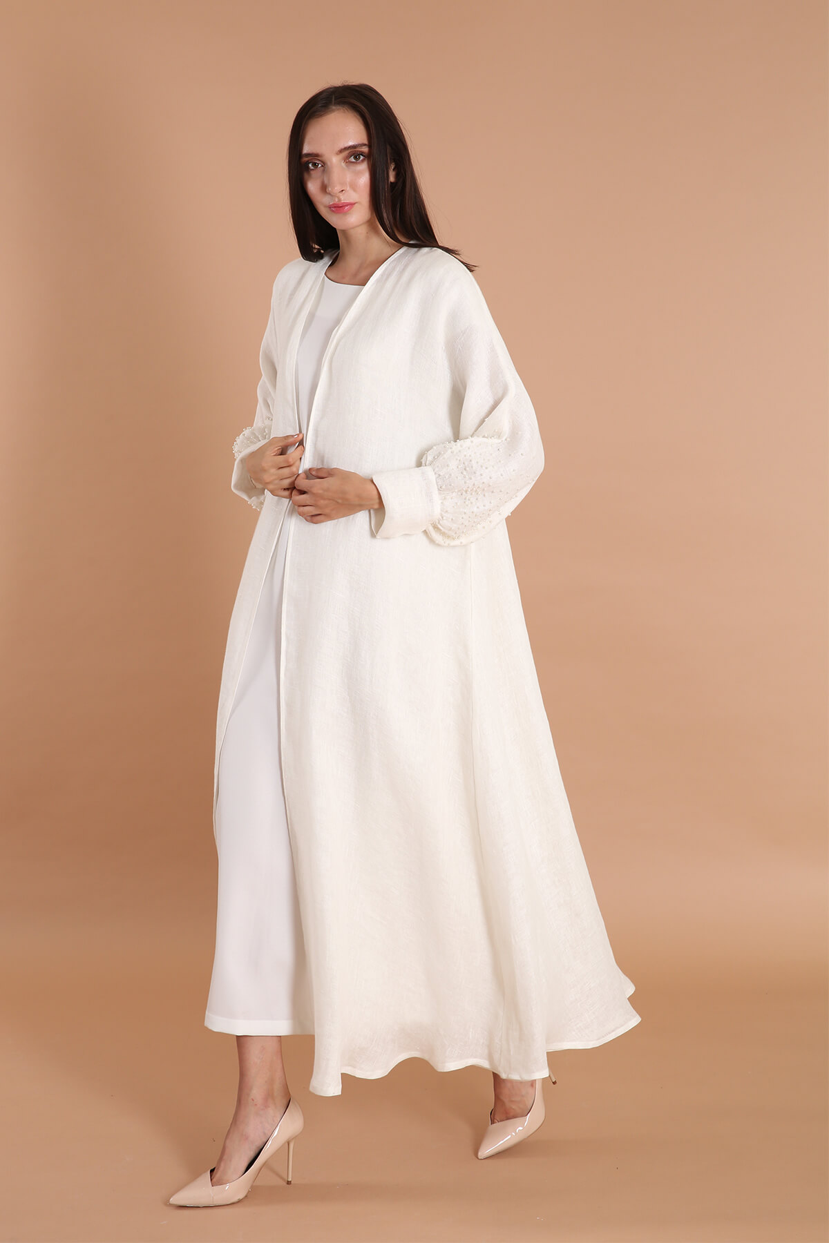 Pearls Embellished Double Linen Abaya