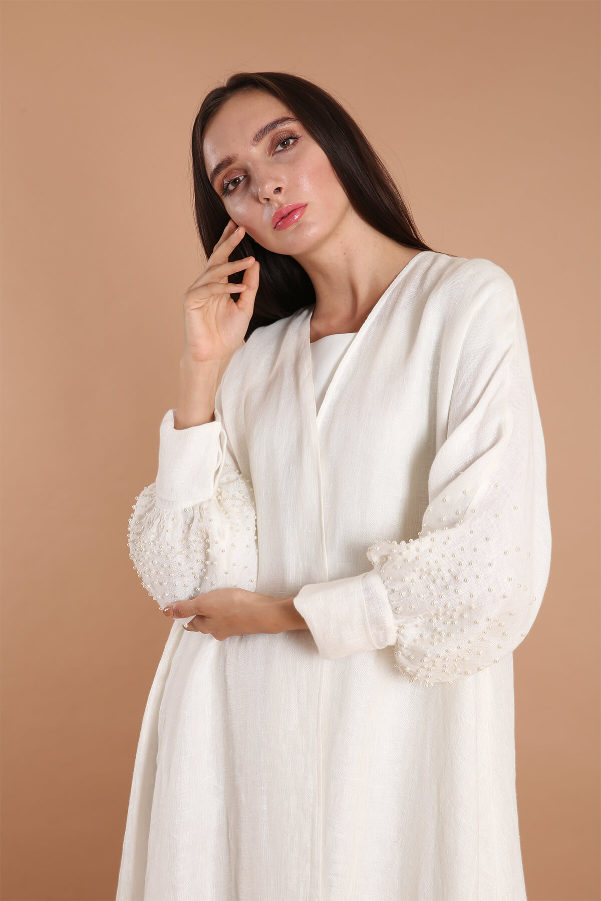 Pearls Embellished Double Linen Abaya