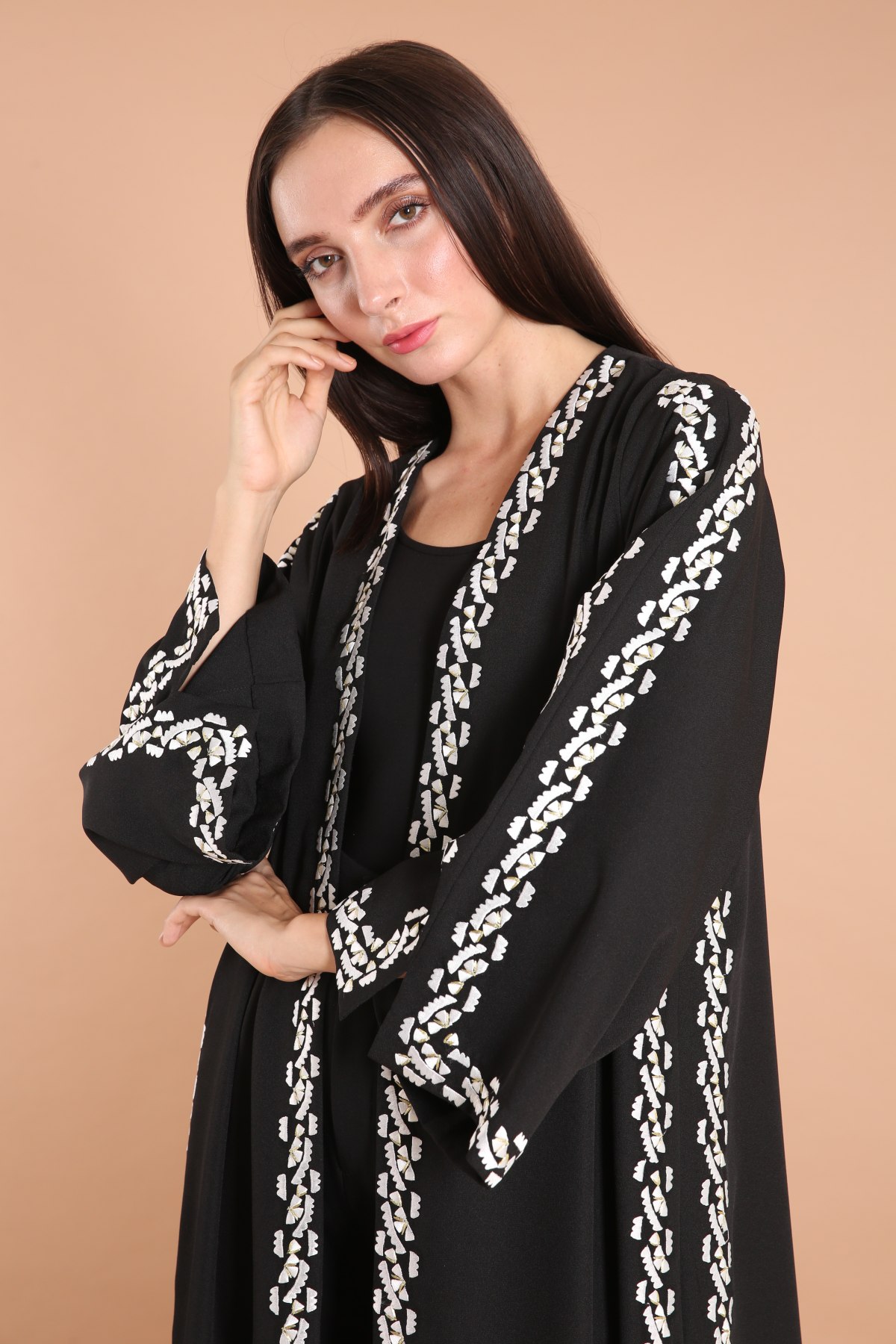 Off White Embellished Classic Abaya