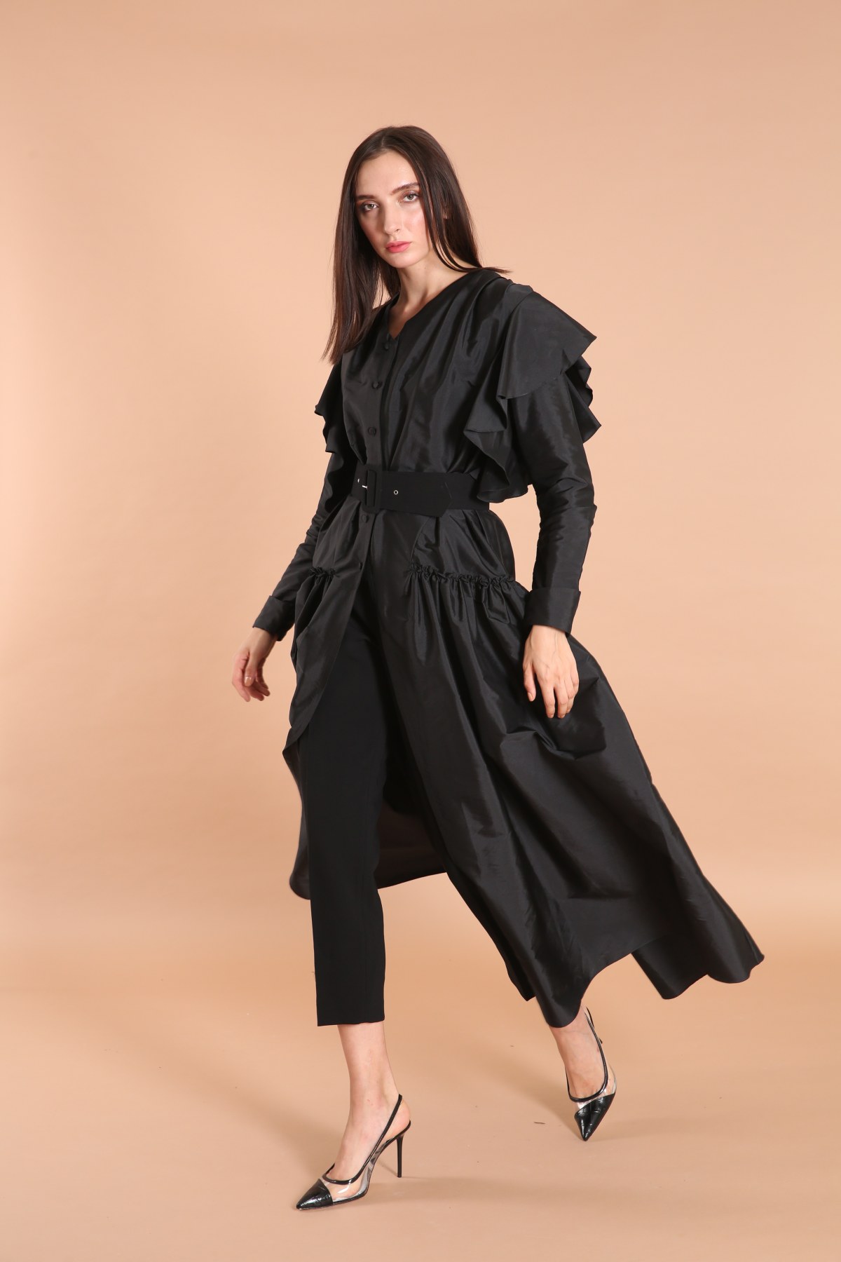 Ruffled and Shirred Taffeta Abaya