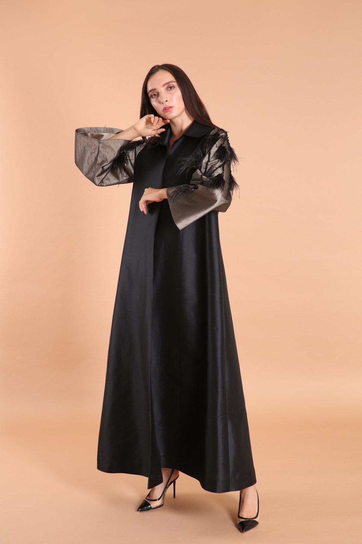 Feathers Embellished Taffeta Abaya