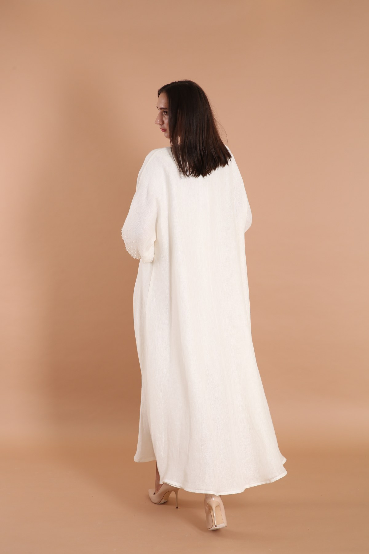 Pearls Embellished Double Linen Abaya